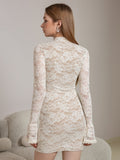 Back view of a woman wearing a white lace sheath dress with long bell sleeves and a mock neck.