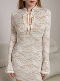 Lace Tie Neck Mini Dress with Flounce Sleeves - View 6 | WEUXS