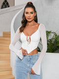 White mesh tie front crop top with flared sleeves - View 6 | WEUXS