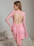embellished bow tie flounce sleeve backless mesh dress#color_pink