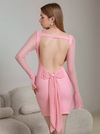 embellished bow tie flounce sleeve backless mesh dress#color_pink
