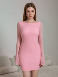 Ribbed knit mini dress with flounce sleeves and bow tie back - View 6 | WEUXS