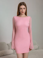 Ribbed knit mini dress with flounce sleeves and bow tie back - View 6 | WEUXS