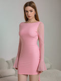 flounce sleeve backless embellished bow tie mesh dress#color_pink