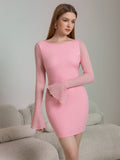 Front view of a woman wearing a pink bodycon dress with sheer sleeves.