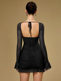Flounce Sleeve Sparkly Mesh Mini Dress#color_black