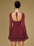 Flounce Sleeve Sparkly Mesh Mini Dress#color_wine