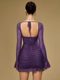 Flounce Sleeve Mesh Sparkly Mini Dress#color_purple