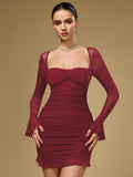 Sparkly Flounce Sleeve Mesh Mini Dress#color_wine