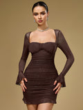 Sparkly Flounce Sleeve Mesh Mini Dress#color_brown