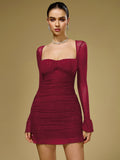 Flounce Sleeve Mesh Sparkly Mini Dress#color_wine