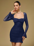 Mesh Sparkly Flounce Sleeve Mini Dress#color_navy