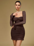 Mesh Sparkly Flounce Sleeve Mini Dress#color_brown