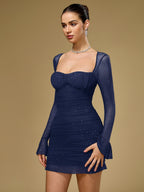 Mesh Flounce Sleeve Sparkly Mini Dress#color_navy