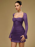 Mesh Flounce Sleeve Sparkly Mini Dress#color_purple