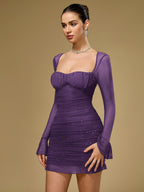 Mesh Flounce Sleeve Sparkly Mini Dress#color_purple