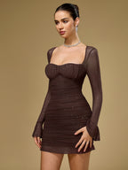 Mesh Flounce Sleeve Sparkly Mini Dress#color_brown