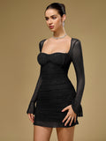 Mesh Flounce Sleeve Sparkly Mini Dress#color_black