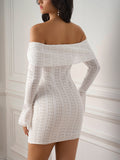 Back view of a woman in a white off-the-shoulder lace sheath dress with bell sleeves