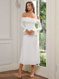 Model poses in a white off-the-shoulder ruched midi dress with flared sleeves.