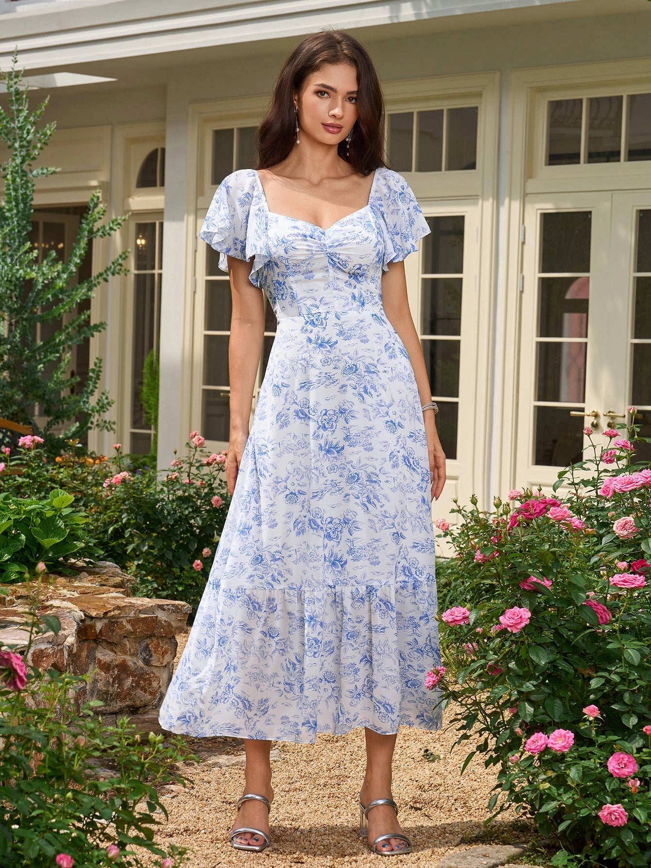 Floral print midi dress with flutter sleeves - View 7 | WEUXS
