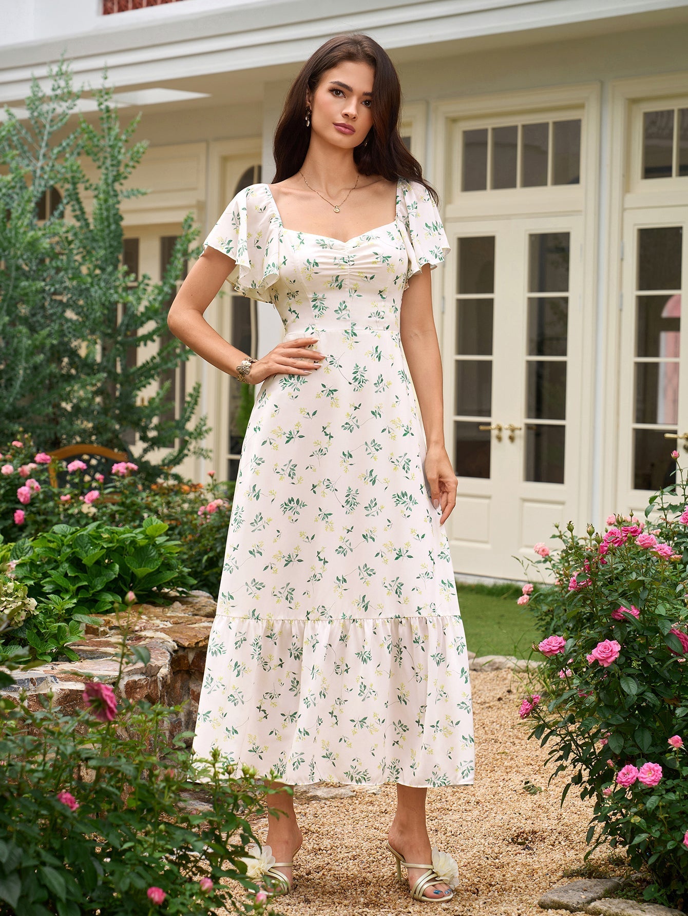 Floral print midi dress with flutter sleeves - View 13 | WEUXS