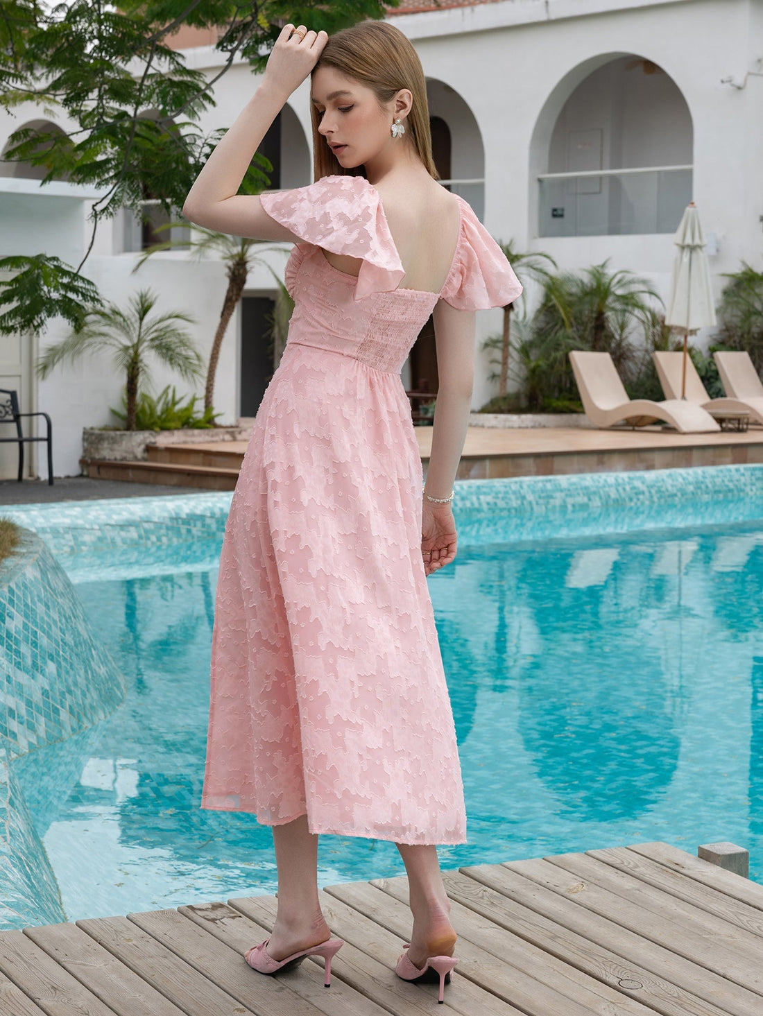 flounce sleeve ruched bust chiffon jacquard midi dress#color_pink