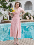 jacquard chiffon ruched bust flounce sleeve midi dress#color_pink