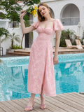 flounce sleeve chiffon jacquard ruched bust midi dress#color_pink
