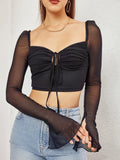 Black ruched crop top with flounce sleeves and square neckline - View 6 | WEUXS