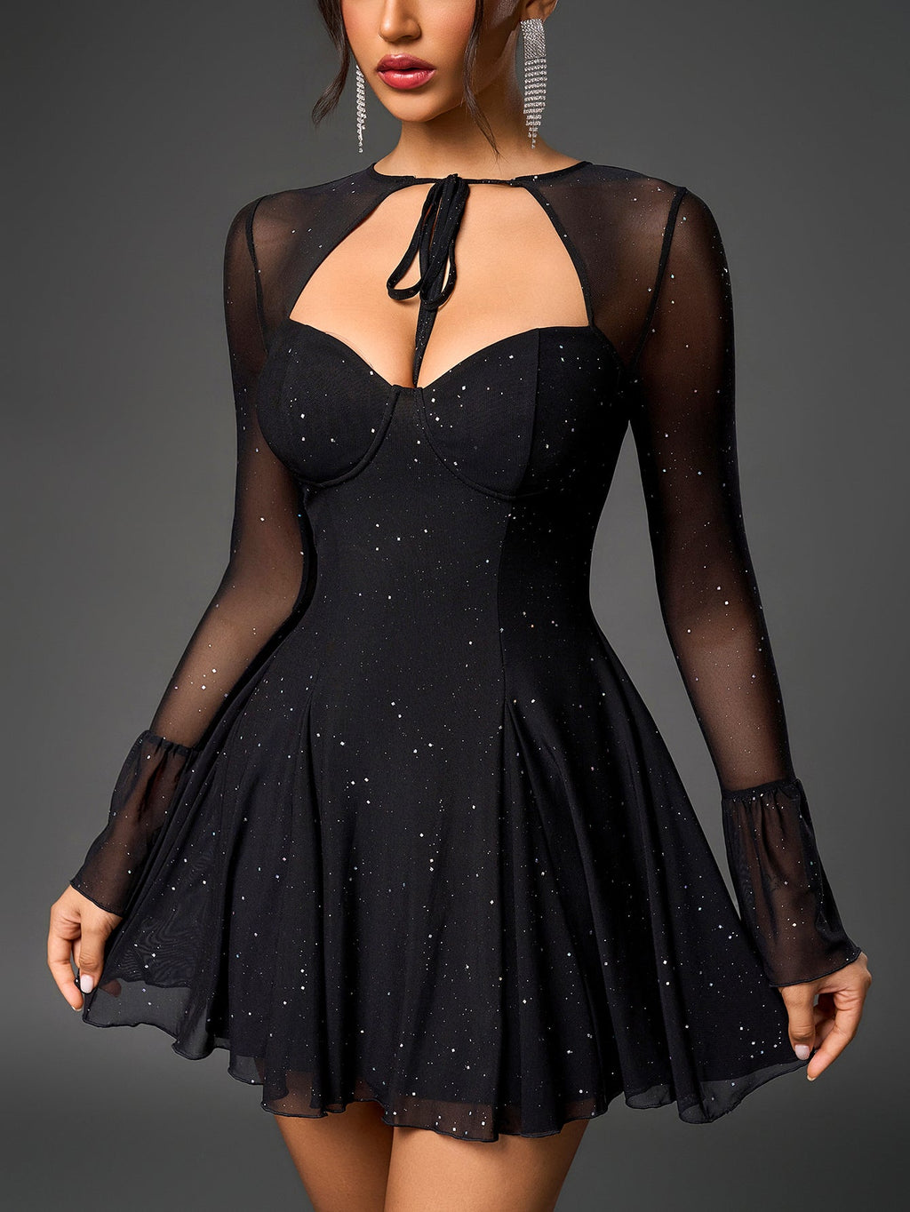 Flared Glitter Mesh Party Dress - View 6 | WEUXS