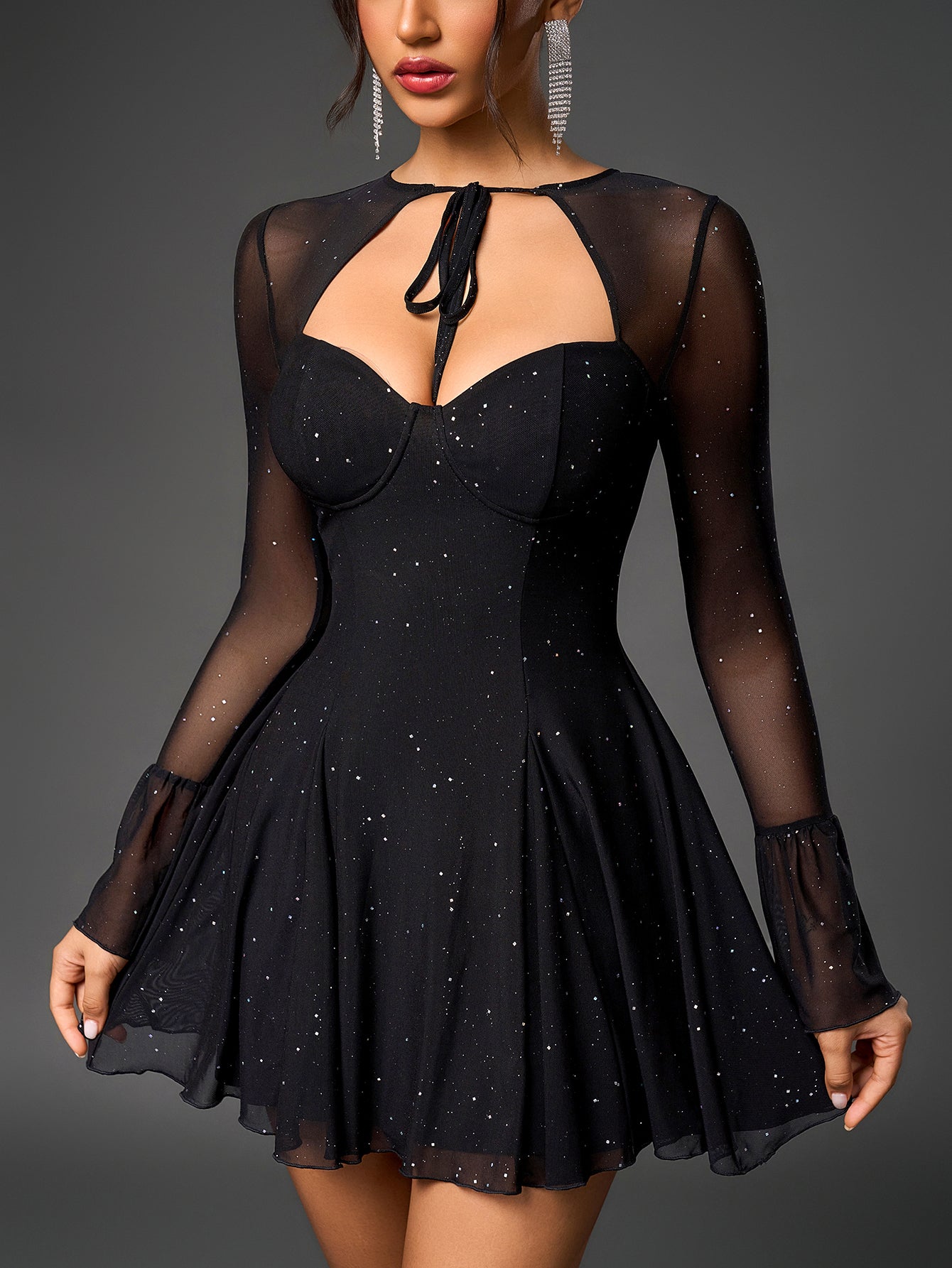 Flared Glitter Mesh Party Dress - View 6 | WEUXS