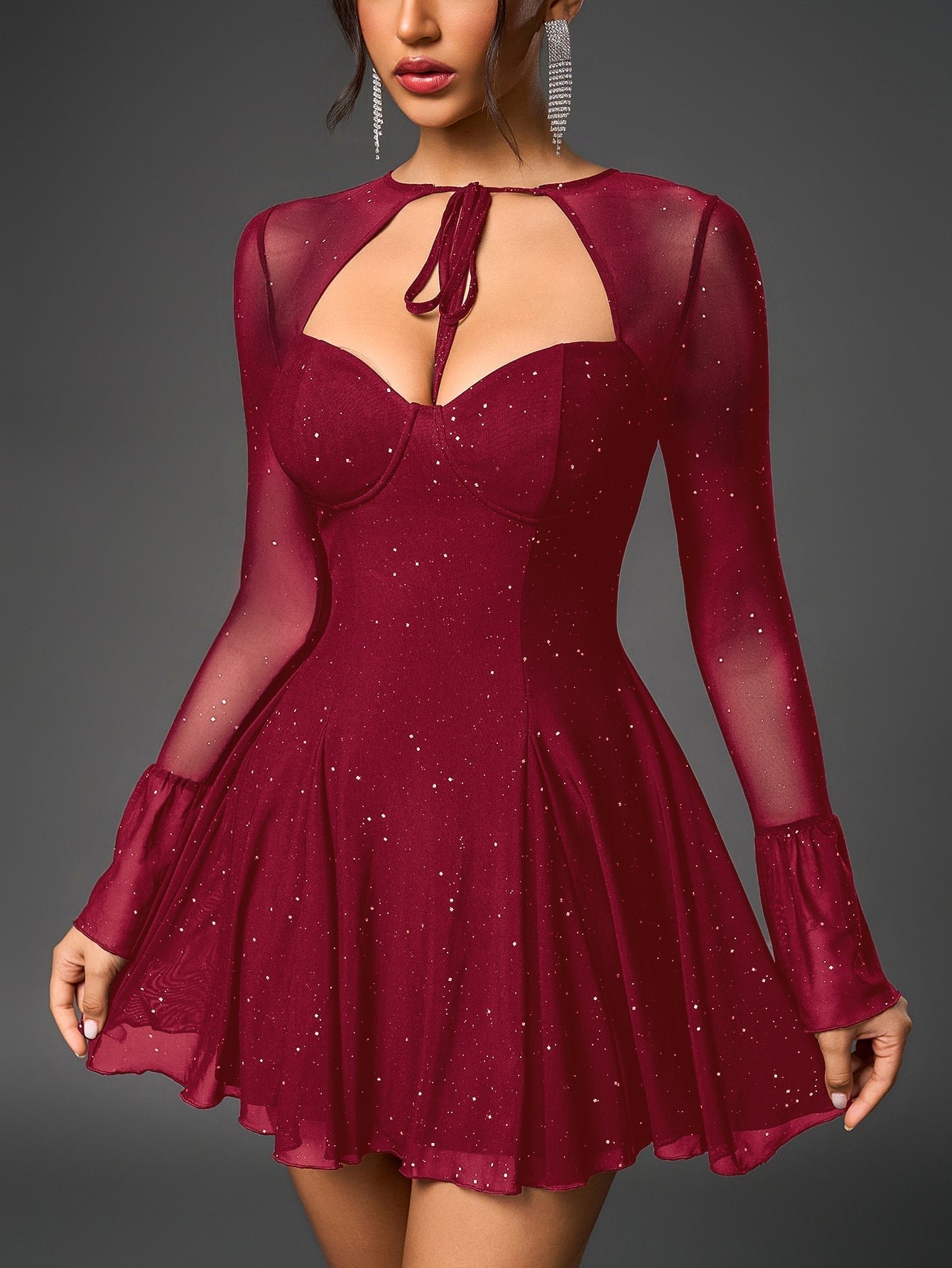 Flared Glitter Mesh Party Dress - View 18 | WEUXS