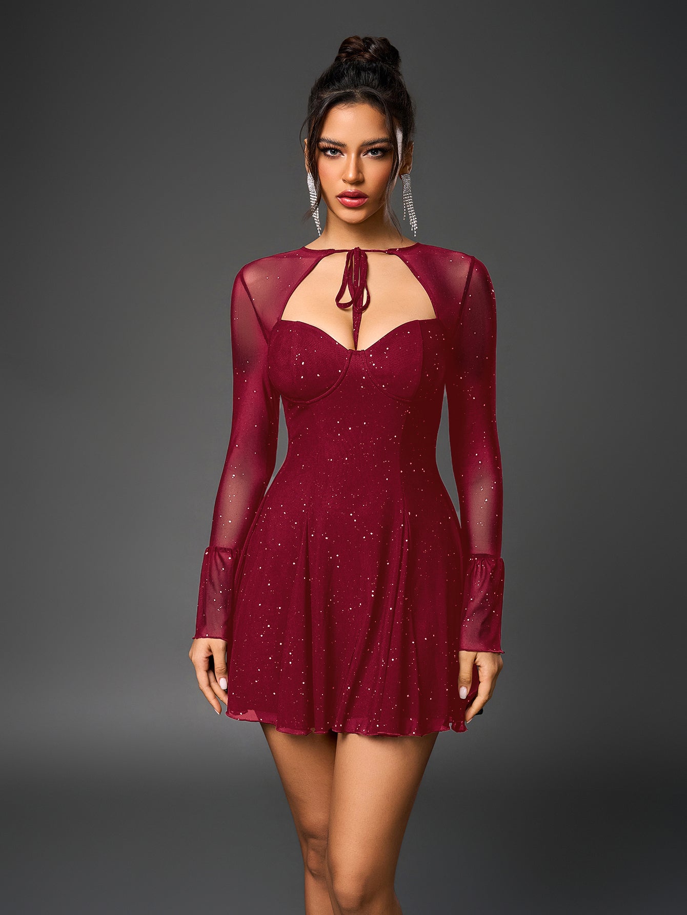 Flared Glitter Mesh Party Dress - View 13 | WEUXS