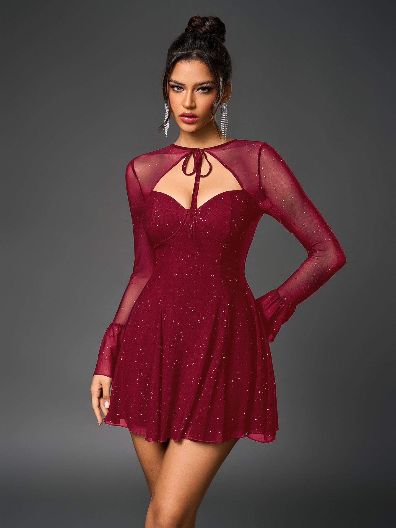 Flared Glitter Mesh Party Dress - View 16 | WEUXS