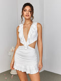 White Ruched Cut Out Mini Dress with V-neck and Trim - View 6 | WEUXS