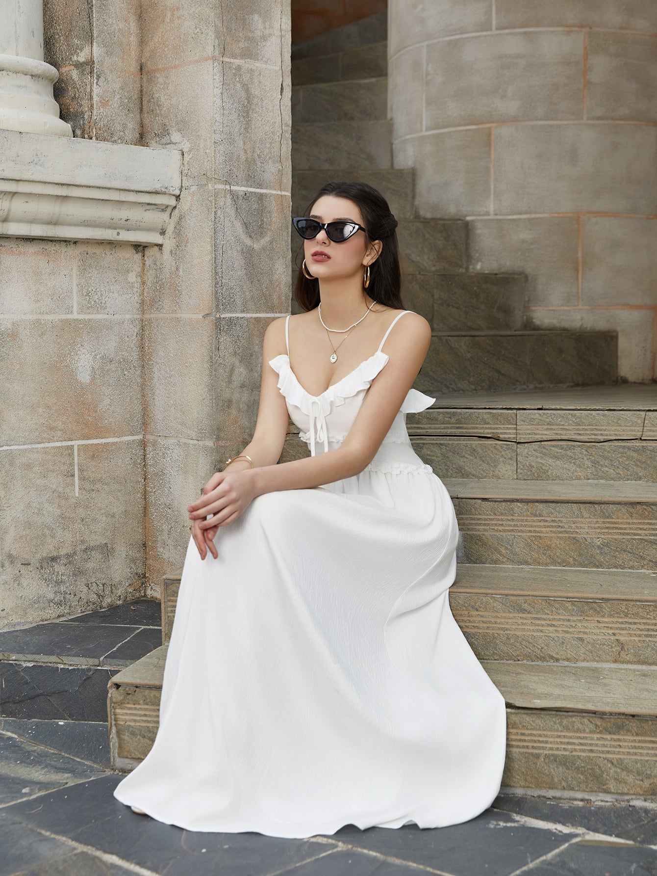 White maxi dress with tie front and flounce trim - View 6 | WEUXS