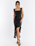 Black satin sheath dress with square neckline and ruffled straps