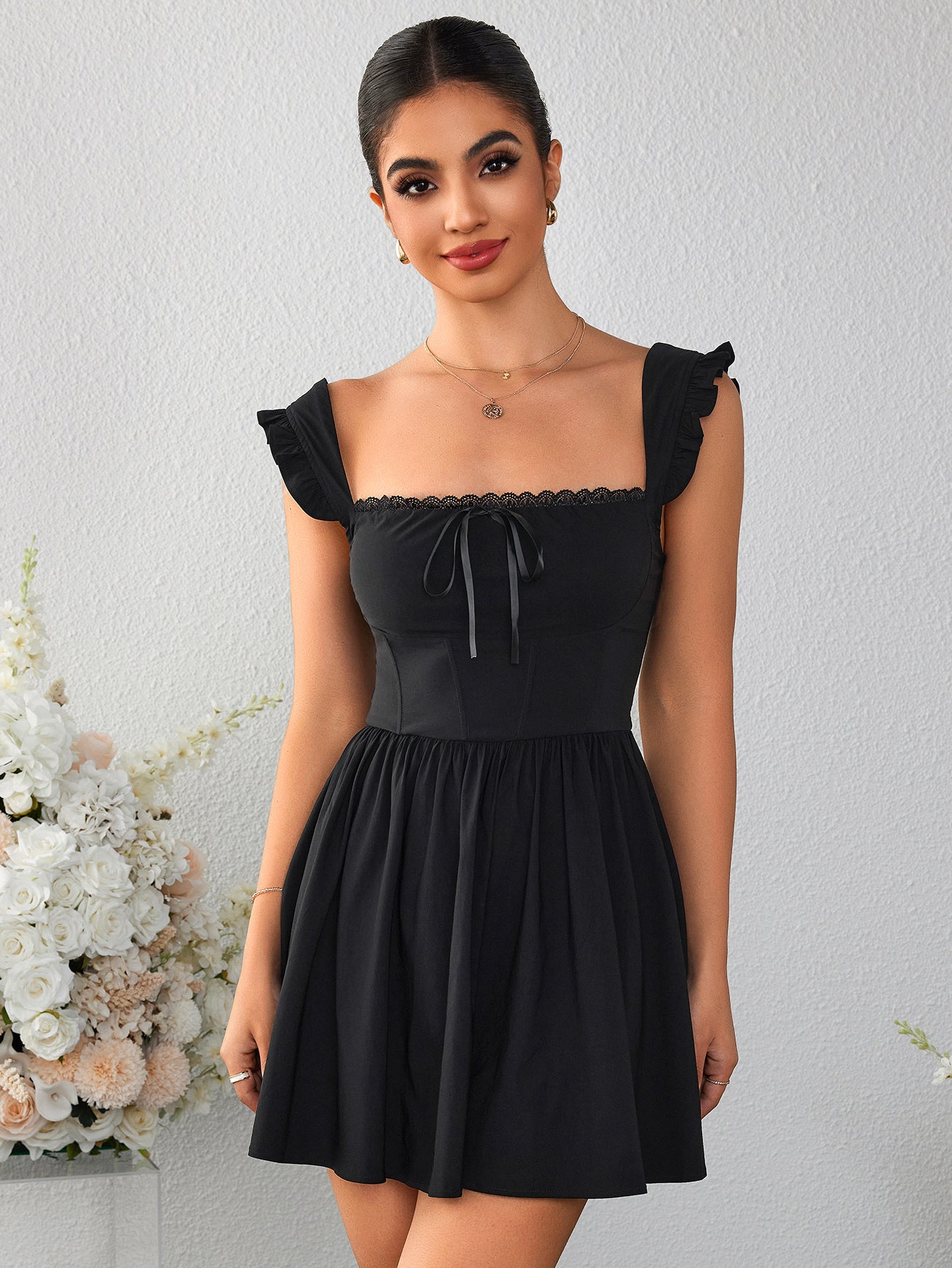 Lace Trim Mini Dress with Fly Sleeves - View 6 | WEUXS