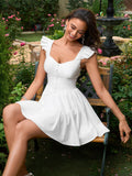 White ruffled cap sleeve fit and flare mini dress - View 6 | WEUXS