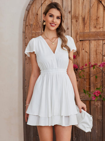 Pleated Mini Dress with Flutter Sleeves