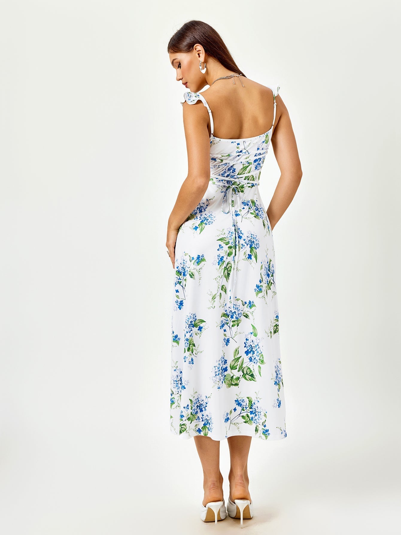 v-neck fly sleeve crisscross tie back floral print dress#color_wf
