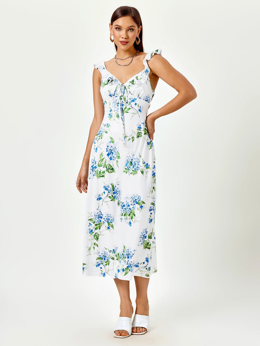 fly sleeve crisscross tie back v-neck floral print dress#color_wf