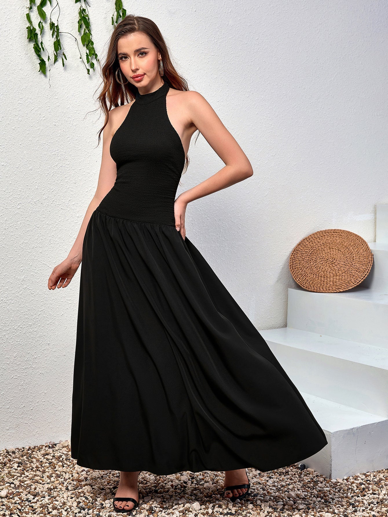 Long black halter neck dress with smocked bodice and A-line skirt - View 6 | WEUXS