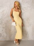 Yellow ribbed knit halter maxi dress - View 6 | WEUXS