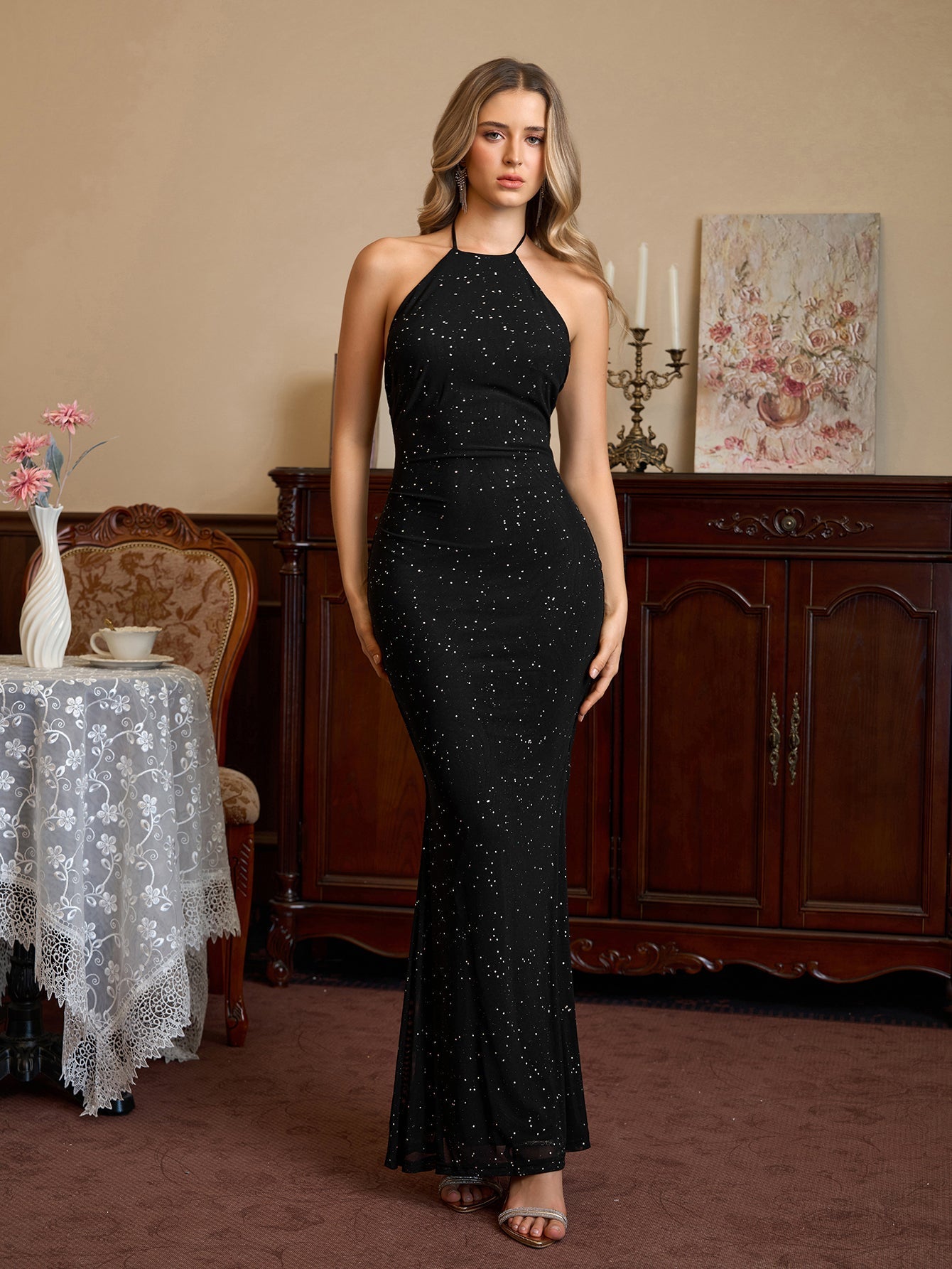 Sparkling mesh halter maxi dress - View 17 | WEUXS