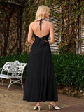 bow tie back halter ruched bust maxi dress#color_black