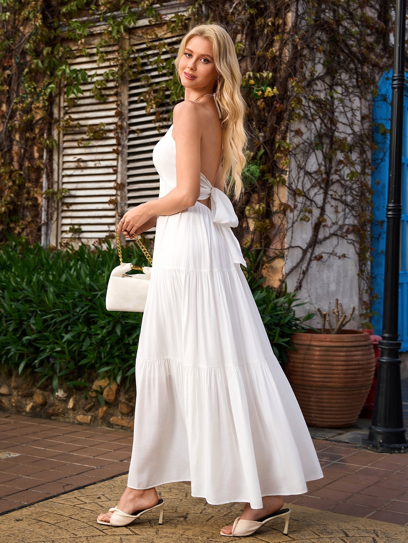 ruched bust bow tie back halter maxi dress#color_white