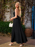 ruched bust bow tie back halter maxi dress#color_black