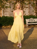 bow tie back ruched bust halter maxi dress#color_yellow